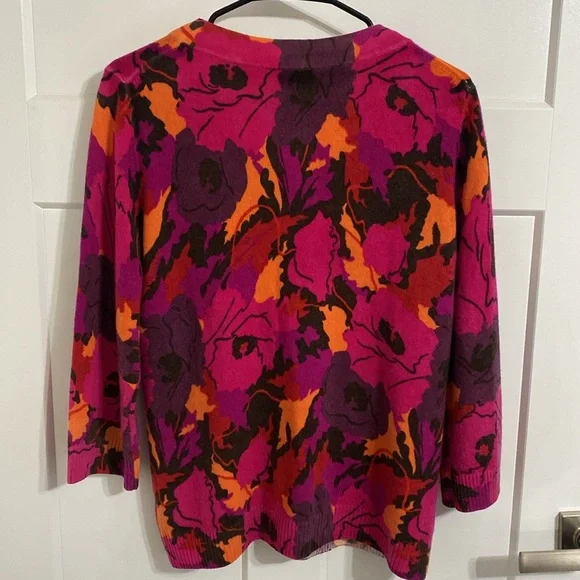 Talbots 100% Cashmere Multicolor Floral 3/4 Sleeve Cardigan Sweater. Women’s L - Picture 2 of 9